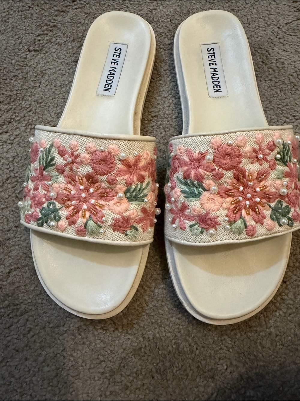 Steve Madden Ivory Slide Sandals with Pink Floral Embroidery and Pearls